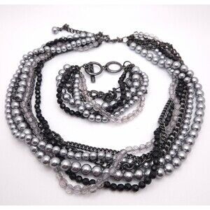 Multi-Strand Silver Black Clear Faceted & Imitation Pearl Necklace Bracelet Set